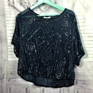 Fully Beaded Black Crop Top Blouse Sheer S NWOT
